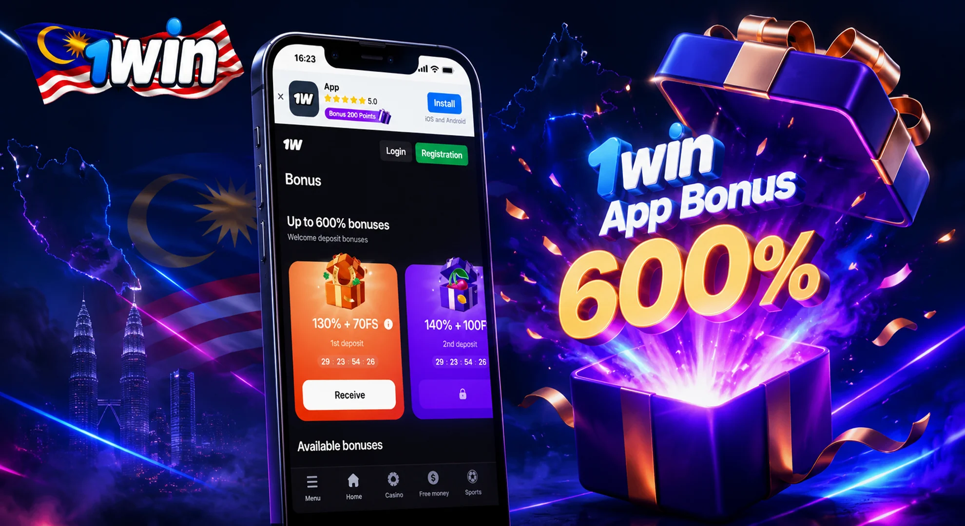 1win app bonus 600 Malaysia